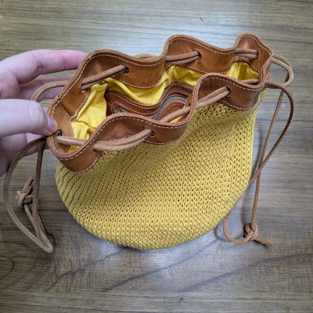 VTG Talbots Yellow Boho Woven Crochet Leather Drawstring Small Bucket Handbag